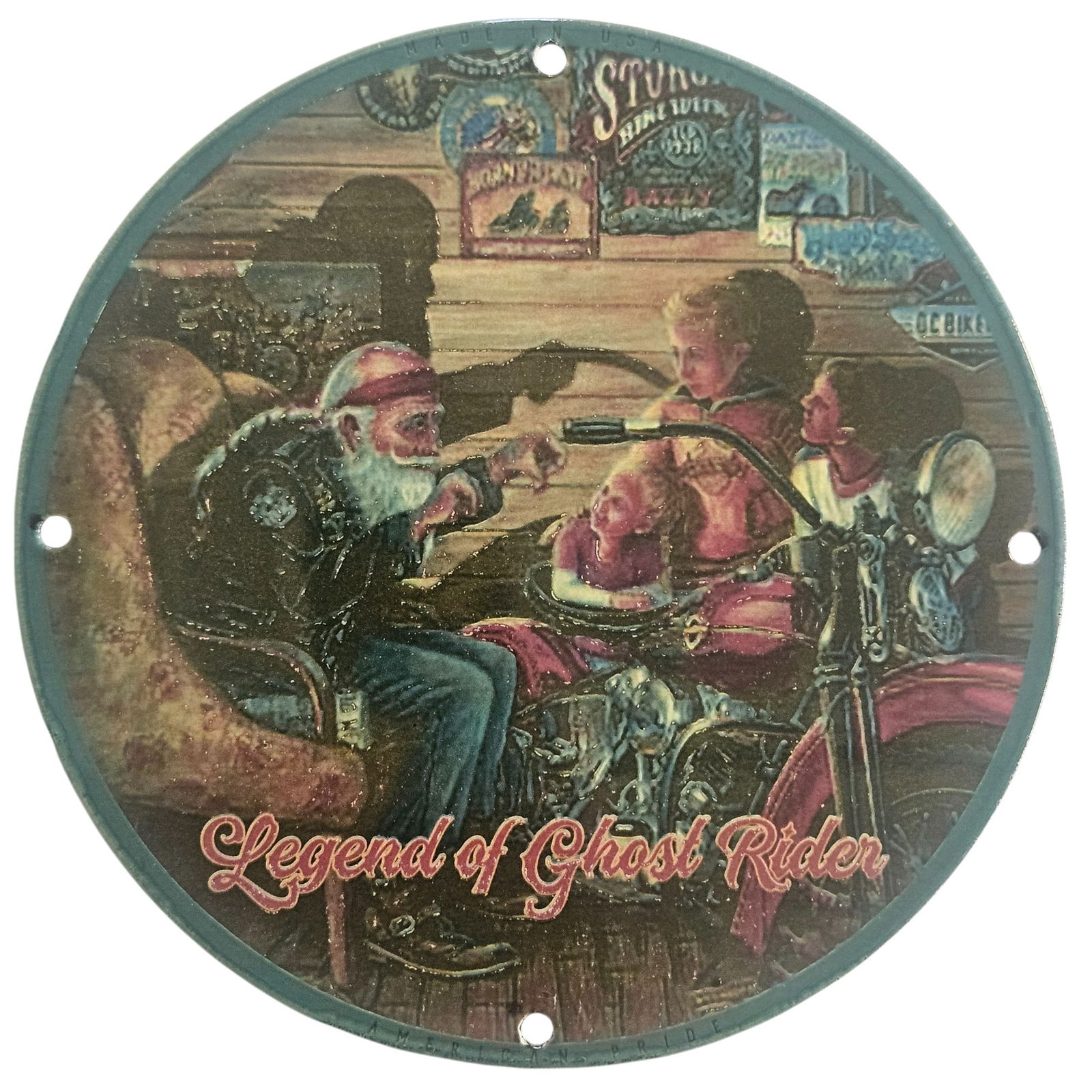 Stunning David Mann Inspired 8-Inch Porcelain Sign: 'Legend of Ghost Rider' Motorcycle Collectible: Explore the legendary world of motorcycle culture with this exquisite porcelain sign inspired by the iconic artwork of David Mann. Measuring 8 inches in diameter, this collectible piece showcases a ca