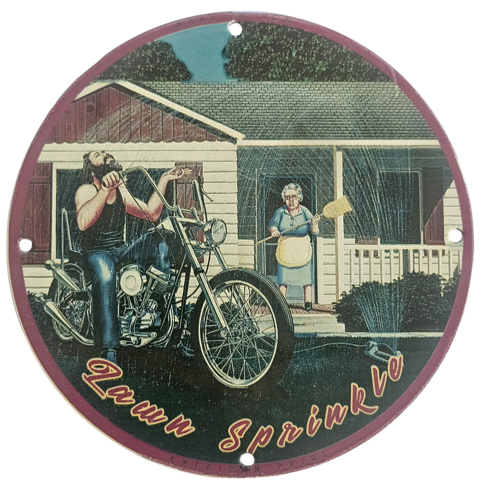 David Mann Inspired Motorcycle Collectible Porcelain Sign - 8 Inch Round Artwork: Immerse yourself in the captivating world of motorcycle culture with this exquisite David Mann-inspired porcelain sign. Measuring 8 inches in diameter, this collectible artwork features a nostalgic sc
