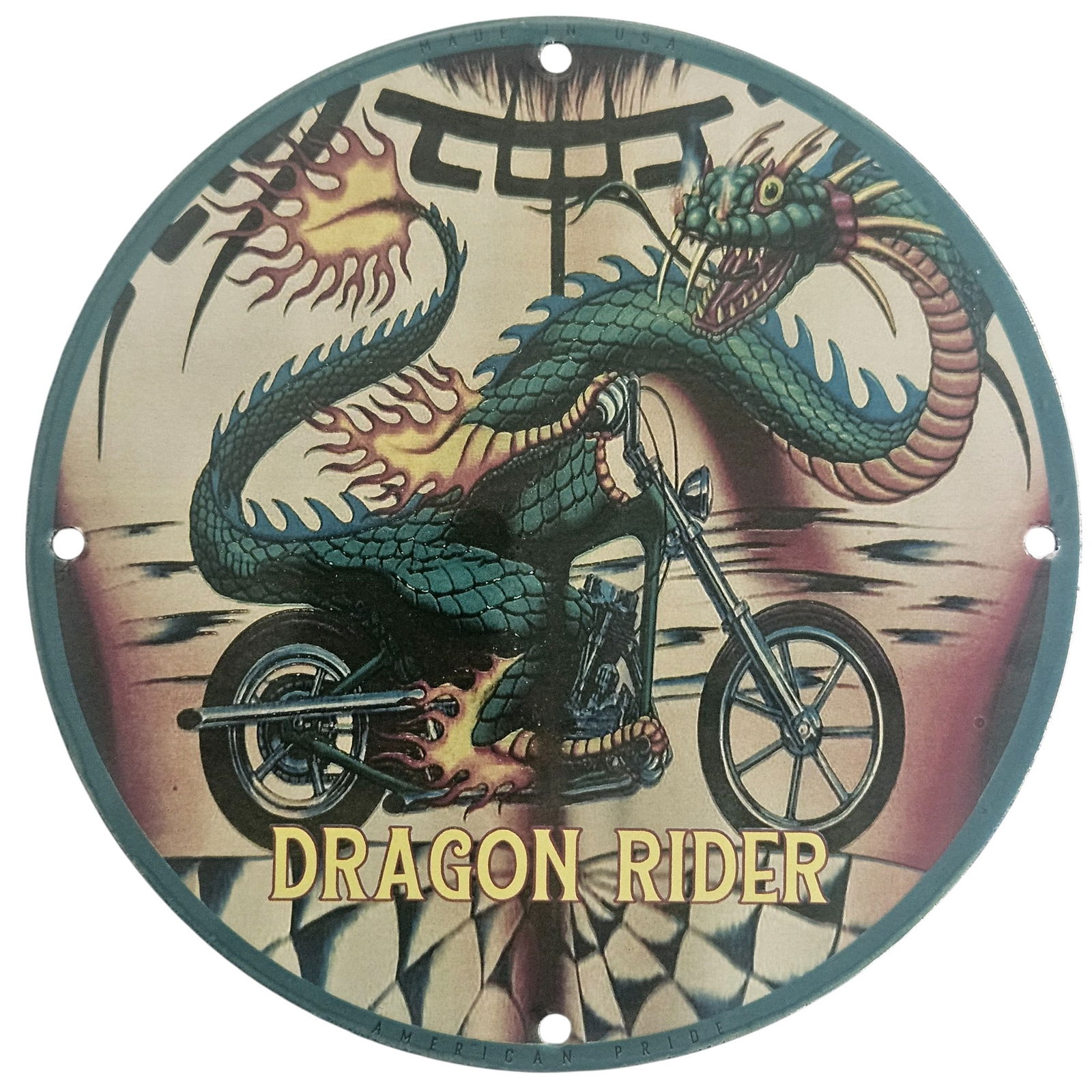 Dragon Rider Motorcycle Porcelain Sign - 8" David Mann Inspired Collectible Art: Introducing the mesmerizing **Dragon Rider Motorcycle Porcelain Sign**, an exquisite piece of road artwork inspired by the legendary artist David Mann. Measuring a perfect 8 inches in diameter, this p