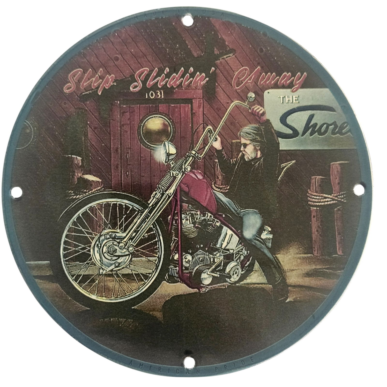 David Mann Inspired Motorcycle Collectible Porcelain Sign - 8" Slip Slidin' Away Art: Discover the exquisite charm of this David Mann inspired collectible porcelain sign featuring the captivating artwork 'Slip Slidin' Away'. Measuring a perfect 8 inches in diameter, this sign is a stun