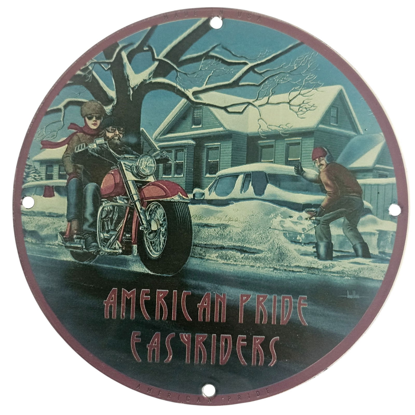 David Mann Inspired American Pride Easyriders Porcelain Motorcycle Sign - 8" Collectible: Discover the unique charm of this David Mann inspired porcelain sign, perfect for collectors and motorcycle enthusiasts alike. At 8 inches in diameter, this collectible showcases an iconic scene that