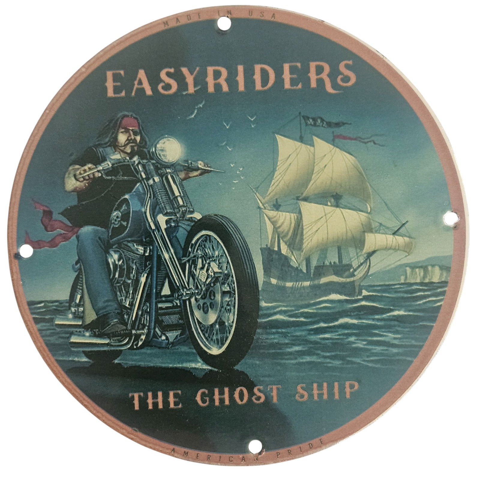 David Mann Inspired Porcelain Sign - EasyRiders 'The Ghost Ship' Motorcycle Art: Discover this stunning collectible porcelain sign inspired by the legendary artist David Mann, featuring the iconic 'The Ghost Ship' motorcycle artwork. This beautifully crafted 8-inch diameter sign i