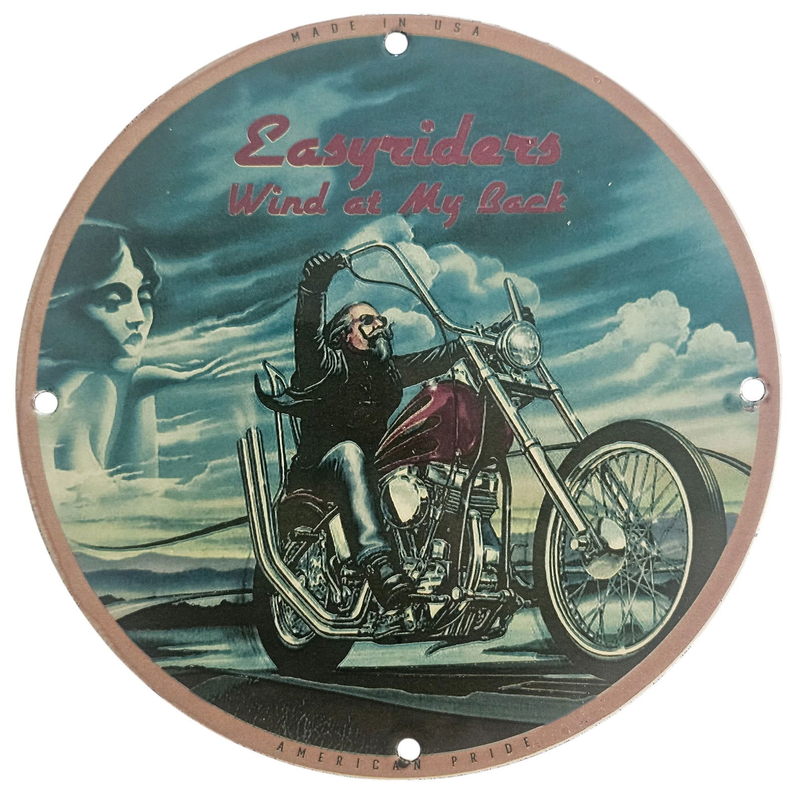 David Mann Inspired Easy Riders Wind at My Back Porcelain Motorcycle Sign - 8" Collectible Art: Elevate your motorcycle memorabilia collection with this stunning 8-inch porcelain sign inspired by the legendary artist David Mann. A staple for motorcycle enthusiasts and collectors alike, this vint