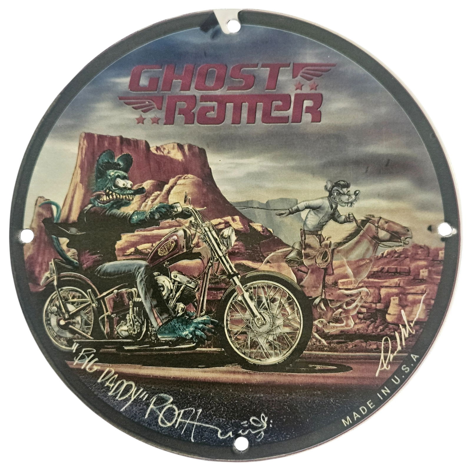 Ghost Ratter 8" Porcelain – Mann x Roth Art Sign -Rare Design Artwork Collectible: Up for auction is an exceptionally rare and visually striking 8-inch round porcelain sign featuring a one-of-a-kind mashup of two legendary American artists: David Mann and Ed “Big Daddy”