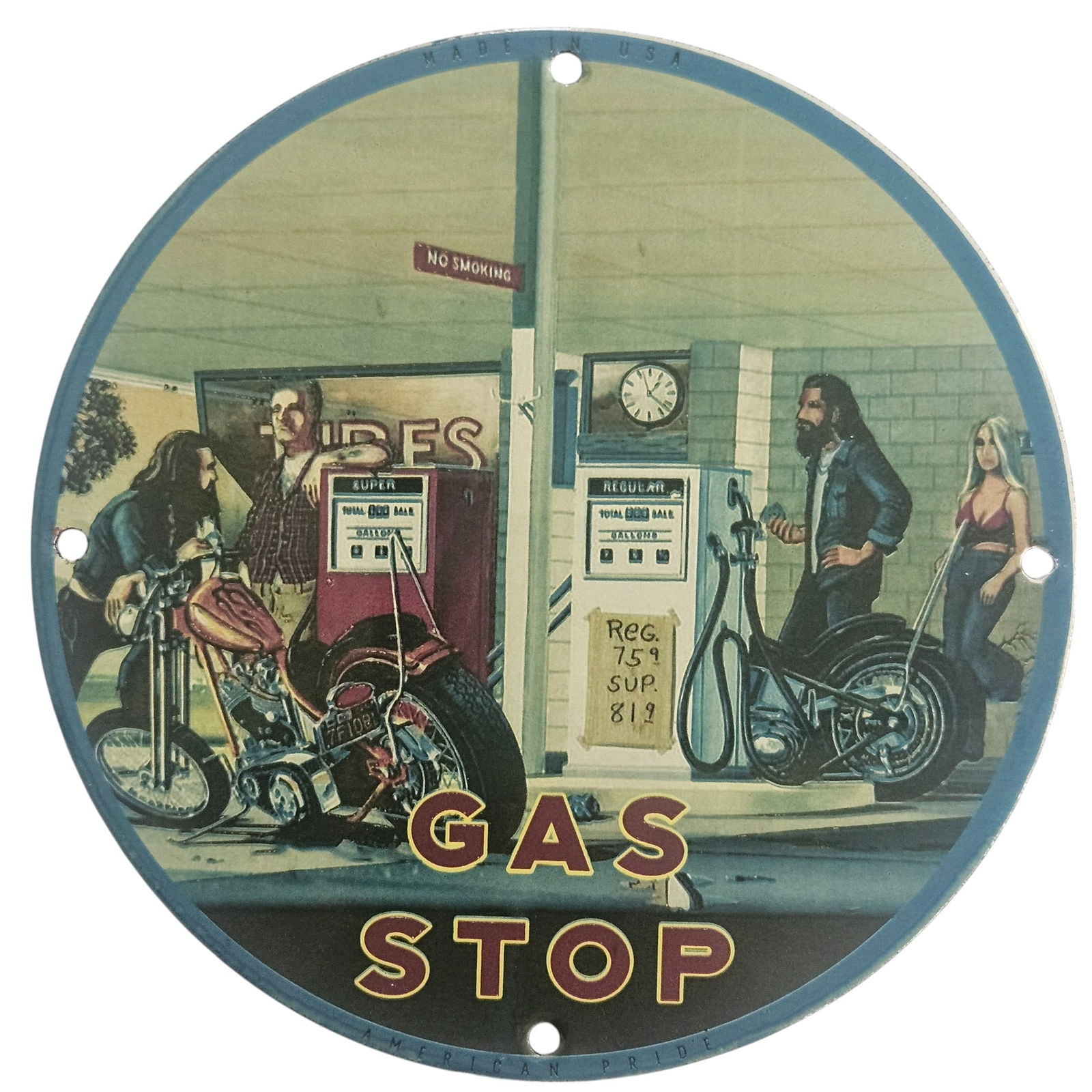 Vintage Gas Stop Motorcycle Collectible Porcelain Sign - David Mann Inspired Art: Discover a unique piece of motorcycle memorabilia with this exquisite porcelain sign, inspired by the iconic artwork of David Mann. At 8 inches in diameter, this collectible sign captures the essence