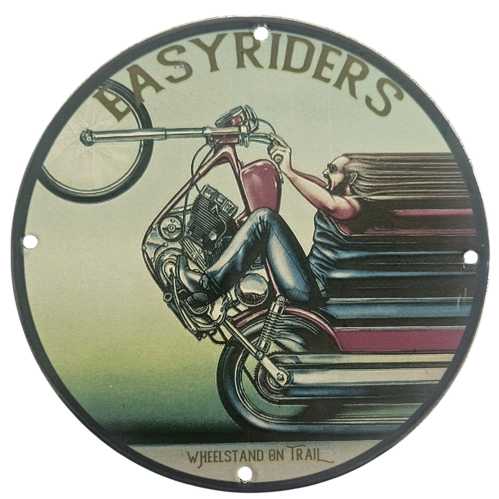 David Mann Inspired 8" Porcelain Motorcycle Sign - Easyriders Wheelstand Art Piece: This exquisite porcelain sign, measuring 8 inches in diameter, is a tribute to the legendary artistry of David Mann, known for capturing the soul of the motorcycle culture. This particular piece featu