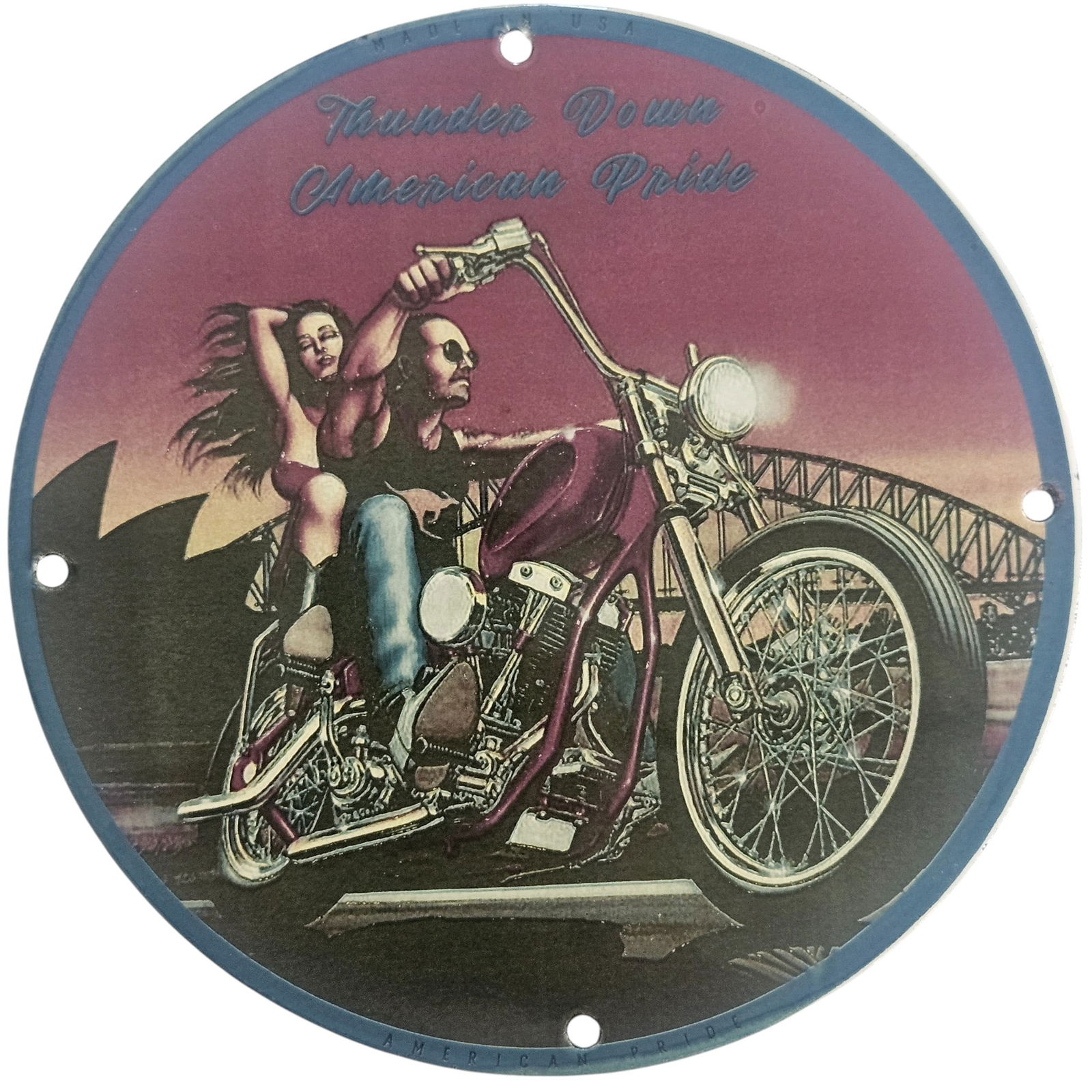 David Mann Inspired Motorcycle Artwork Porcelain Sign | 8 Inch Collector's Item: Step into the realm of classic motorcycle culture with this exquisite David Mann inspired porcelain sign. Measuring 8 inches in diameter, this collectible piece captures the essence of freedom on two