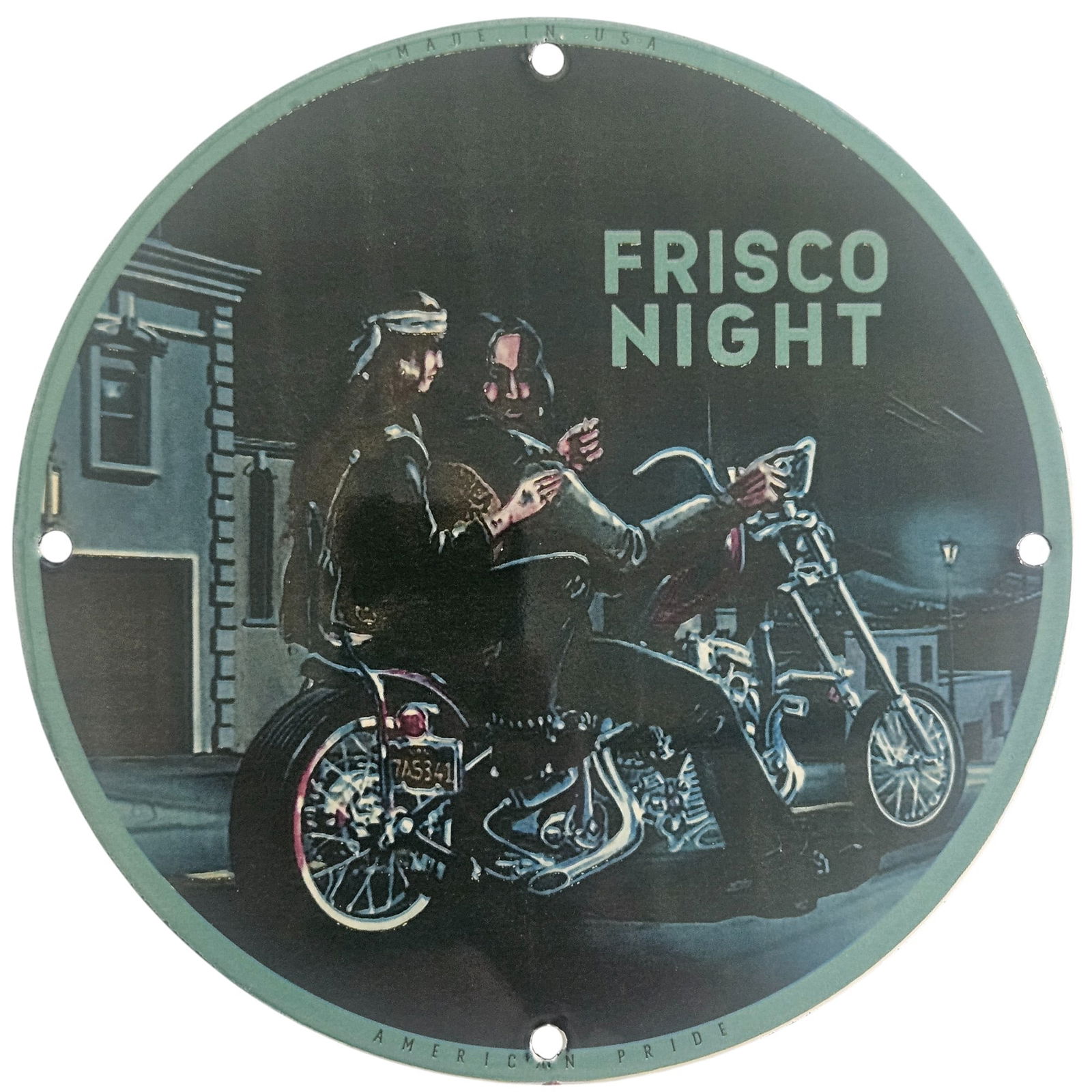 David Mann Inspired Frisco Night Motorcycle Collectible Porcelain Sign - 8 Inch Diameter: Discover the iconic ‘Frisco Night’ porcelain sign, a striking collectible inspired by the legendary artist David Mann. This exquisite 8-inch diameter sign captures the spirit of motorcycle