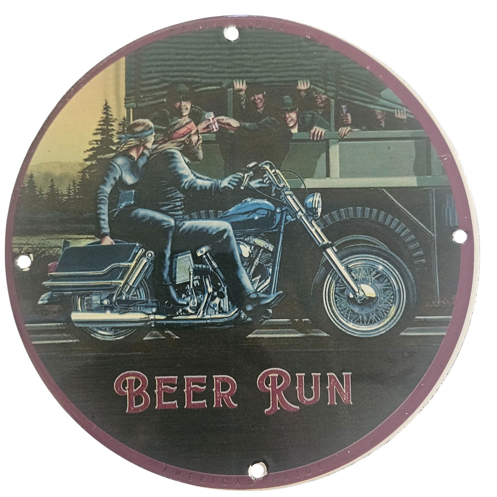 David Mann Inspired Motorcycle Collectible Porcelain Sign - Beer Run - 8-Inch Diameter: Discover this stunning David Mann-inspired collectible porcelain sign, featuring a captivating motorcycle scene that recalls the spirit of freedom and the open road. Measuring 8 inches in diameter, th