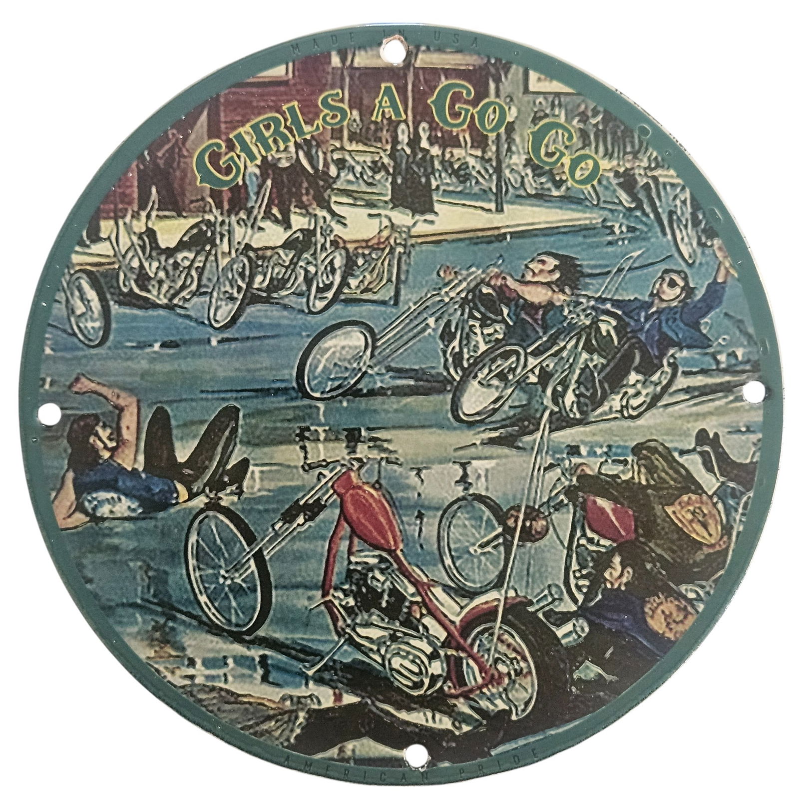 Vintage David Mann Inspired 8" Porcelain Motorcycle Sign - Girls A Go Go Art: Introducing a stunning collectible porcelain sign that embodies the vibrant spirit of the motorcycle culture, inspired by the iconic artwork of David Mann. Measuring 8 inches in diameter, this exquisi