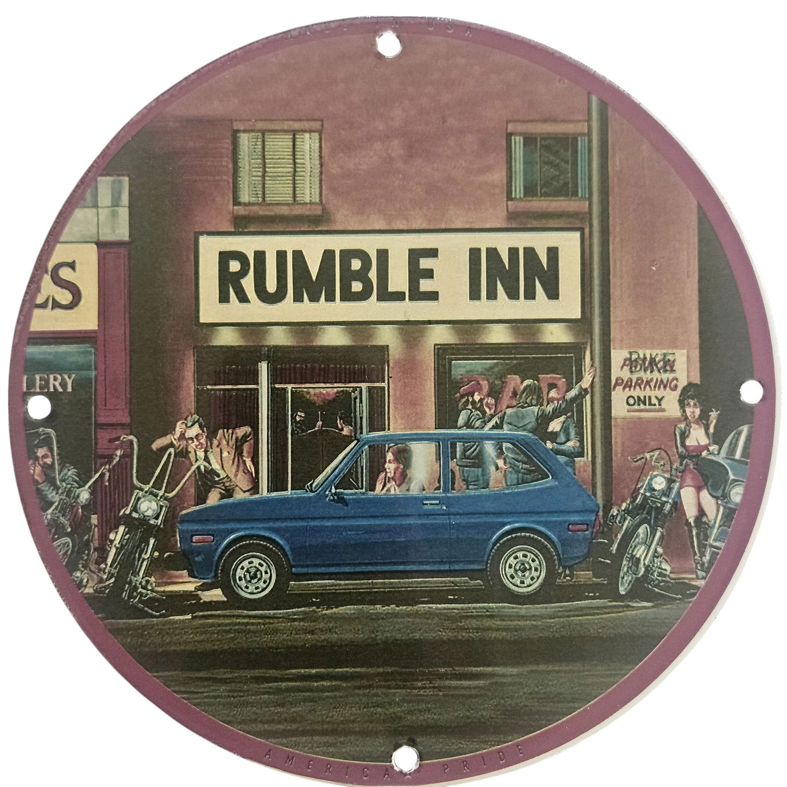 David Mann Inspired Motorcycle Collectible Porcelain Sign - Rumble Inn (8 Inches): Discover a unique blend of nostalgia and artistry with this David Mann inspired collectible porcelain sign, measuring 8 inches in diameter. This stunning piece showcases the vibrant and rebellious spi