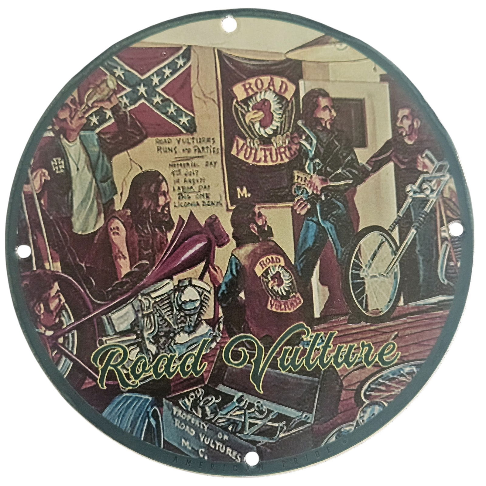 David Mann Inspired Motorcycle Collectible Porcelain Sign - Road Vulture - 8 Inch Diameter: Introducing a stunning collectible porcelain sign inspired by the iconic artwork of David Mann, specially designed for motorcycle enthusiasts and collectors alike. This exquisite 8-inch diameter sign