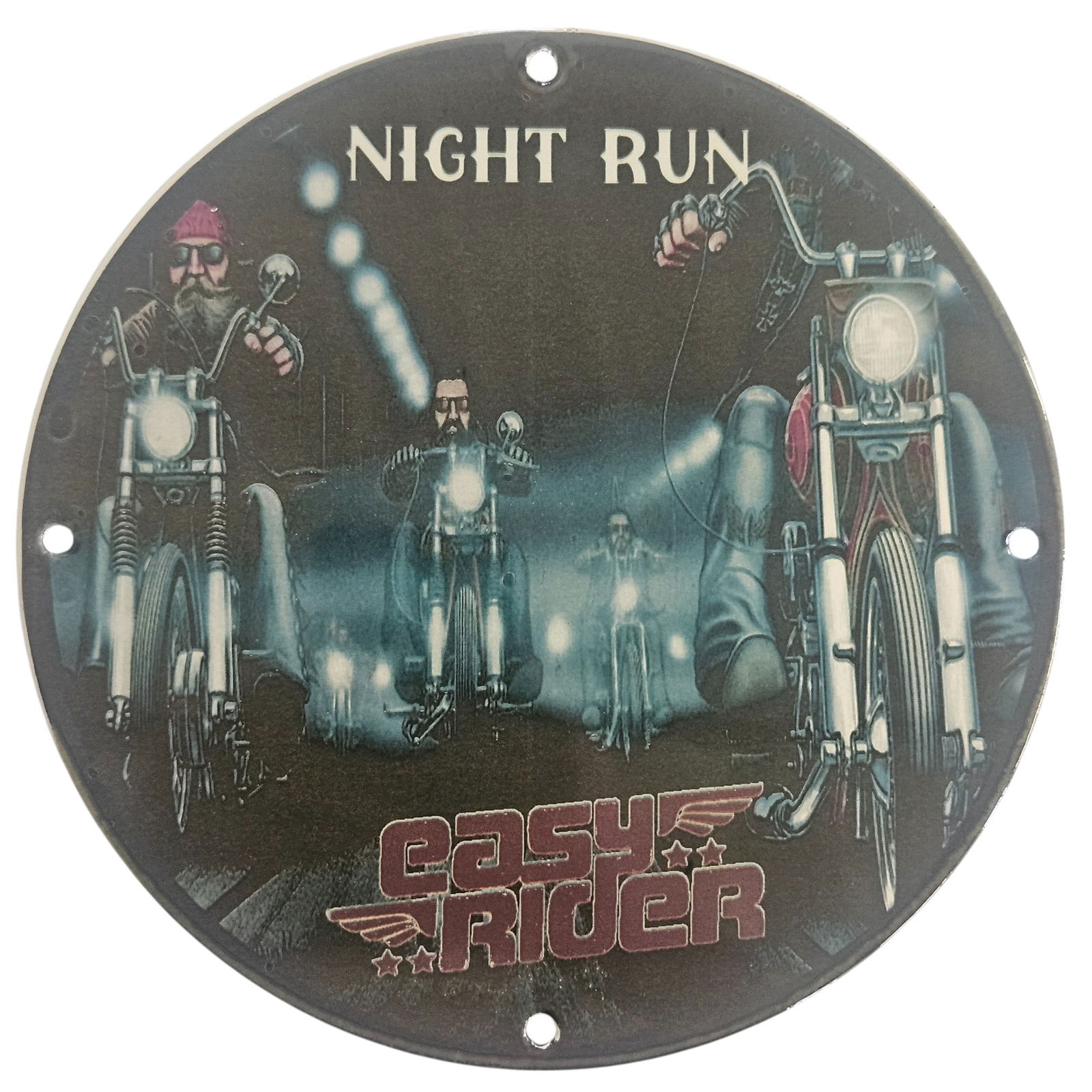 David Mann Inspired Porcelain Motorcycle Sign - Night Run Easy Rider Collectible Art: Discover the essence of motorcycle culture with this exceptional David Mann inspired porcelain sign, featuring a striking depiction of the 'Night Run' theme from the beloved 'Easy Rider' series. Measu