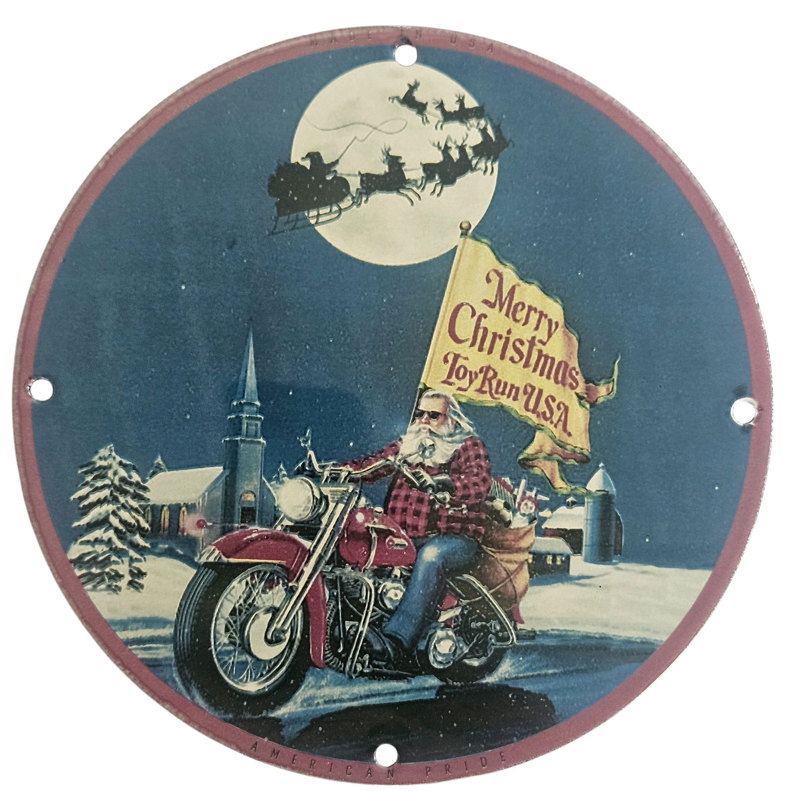 Vintage David Mann Inspired Porcelain Sign - Merry Christmas Toy Run USA - 8" Collectible: Discover a unique collectible that embodies the spirit of Christmas and the thrill of the open road with this enchanting 8-inch porcelain sign inspired by the legendary artist David Mann. Perfect for