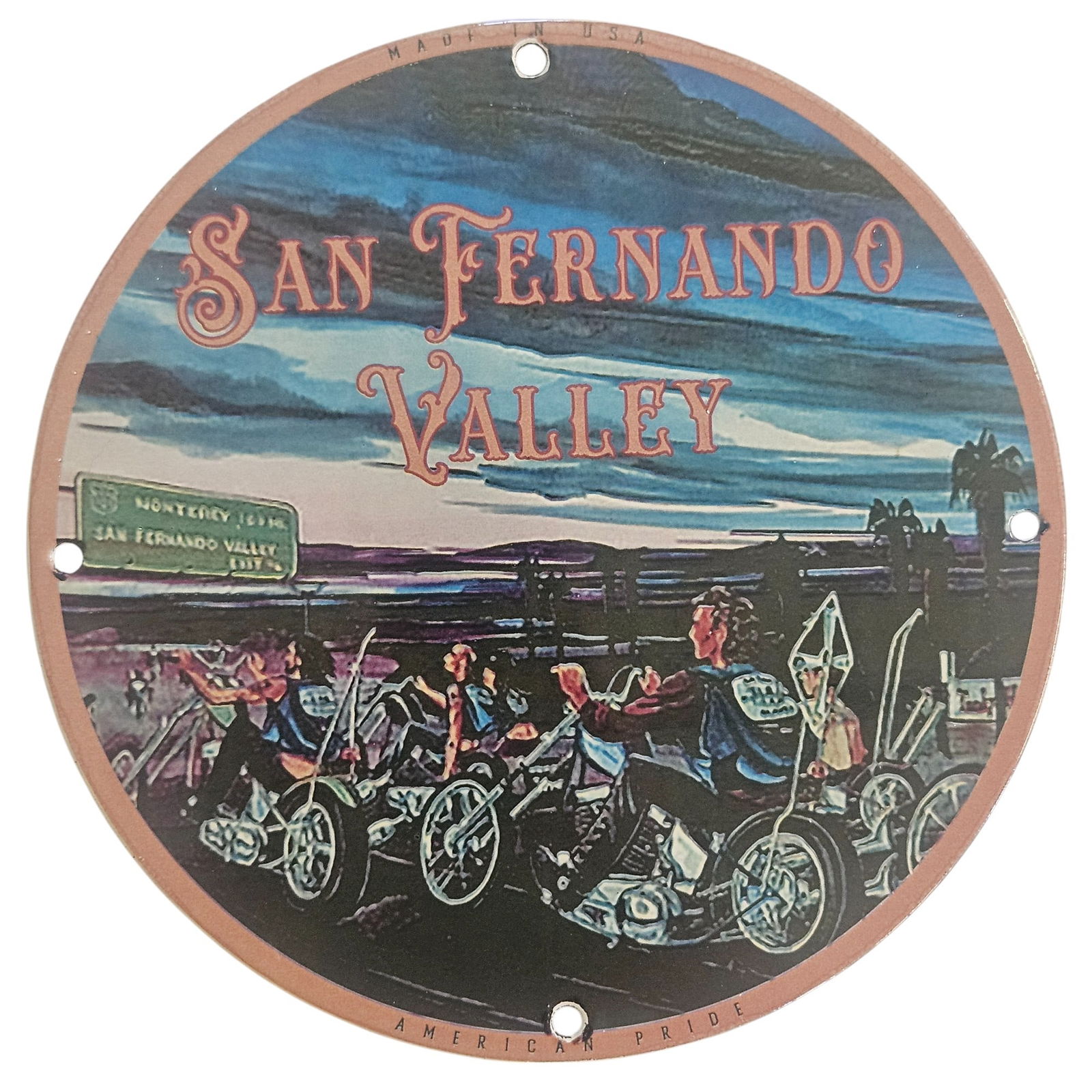 Vintage David Mann Inspired Porcelain Sign - San Fernando Valley Motorcycle Artwork: Embrace the spirit of the open road with this striking 8-inch diameter porcelain sign, featuring iconic artwork inspired by renowned artist David Mann. The sign depicts a vivid scene from the San Fern