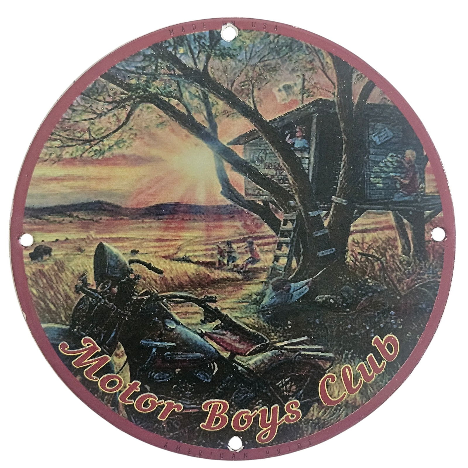 David Mann Inspired Motorcycle Porcelain Sign: Motor Boys Club Vintage Artwork: Immerse yourself in the world of classic motorcycles and artistry with this exquisite porcelain sign inspired by the legendary David Mann. Measuring 8 inches in diameter, this collectible piece captur