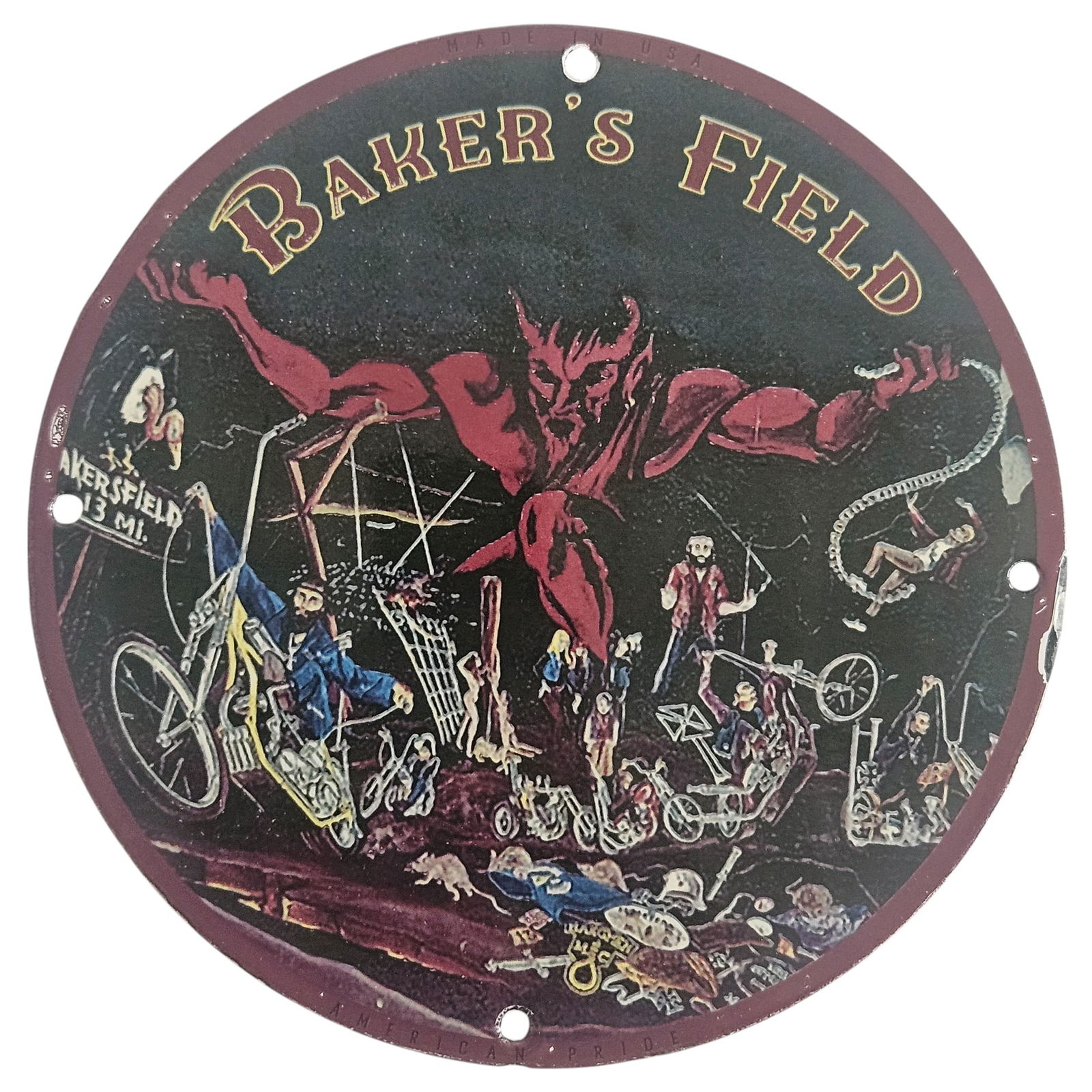 Baker's Field Porcelain Sign - David Mann Inspired Motorcycle Collectible - 8" Diameter: Discover a unique piece of motorcycle history with this exquisite Baker's Field porcelain sign, inspired by the legendary artist David Mann. Measuring 8 inches in diameter, this collectible sign captu