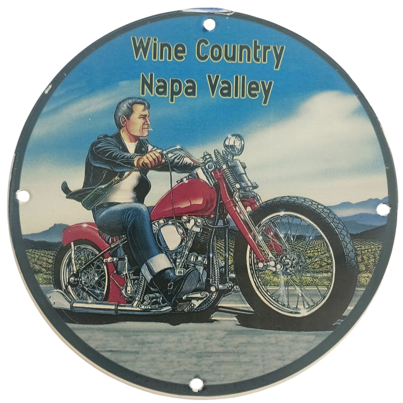 David Mann Inspired 8-Inch Porcelain Motorcycle Collectible Sign - Wino County Napa Valley: Enhance your home decor or motorcycle collection with this stunning 8-inch porcelain sign inspired by the iconic artwork of David Mann. This collectible road sign features vibrant imagery capturing th