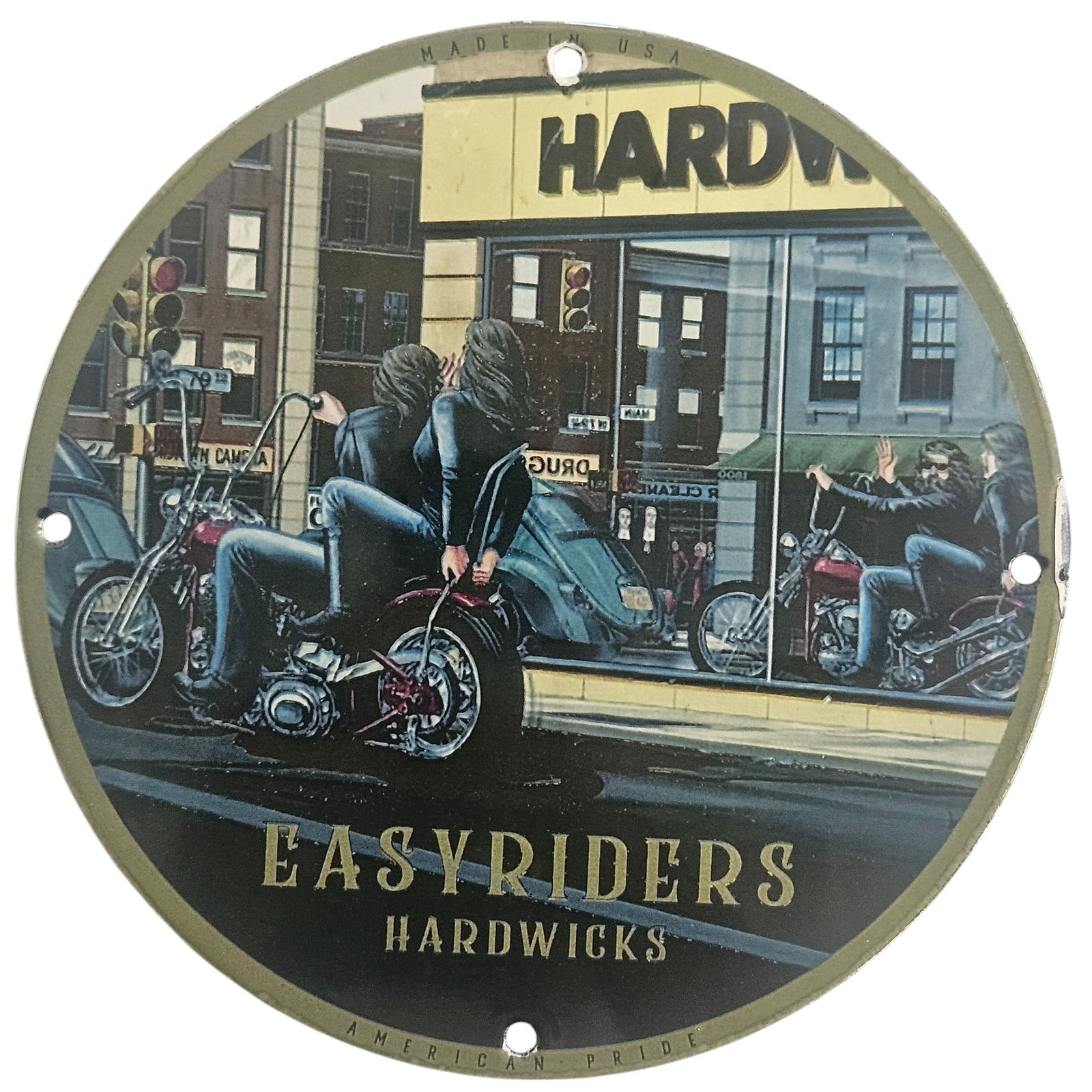 David Mann Inspired Porcelain Motorcycle Sign - Easy Riders Collection: Immerse yourself in the world of vintage motorcycle culture with this exquisite porcelain sign from the Easy Riders Collection, inspired by the iconic artist David Mann. Measuring 8 inches in diameter