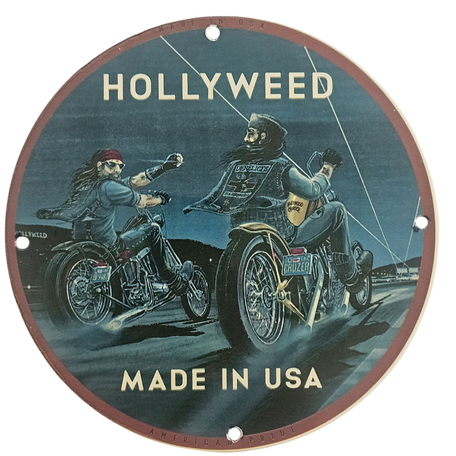 Vintage David Mann Inspired Porcelain Sign: 'HOLLYWEED' Motorcycle Collectible: Introducing a unique collectible for motorcycle enthusiasts and art lovers alike: this stunning 8-inch diameter porcelain sign, inspired by the renowned artist David Mann, captures the spirit of freed