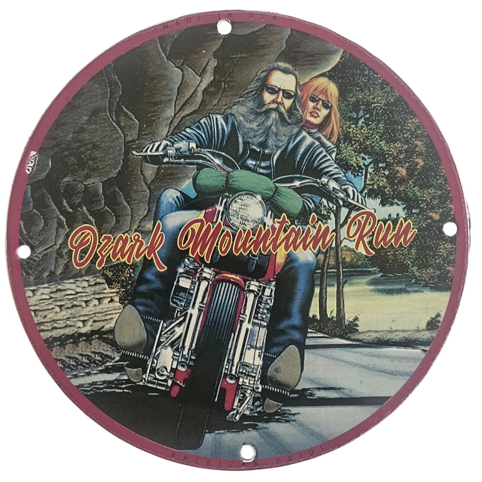 David Mann Inspired Ozark Mountain Run Motorcycle Porcelain Sign - 8-Inch Collectible Art: Rev up your passion for motorcycle culture with this stunning 8-inch porcelain sign inspired by David Mann's iconic artwork. Celebrate freedom, adventure, and the open road with this collectible piece