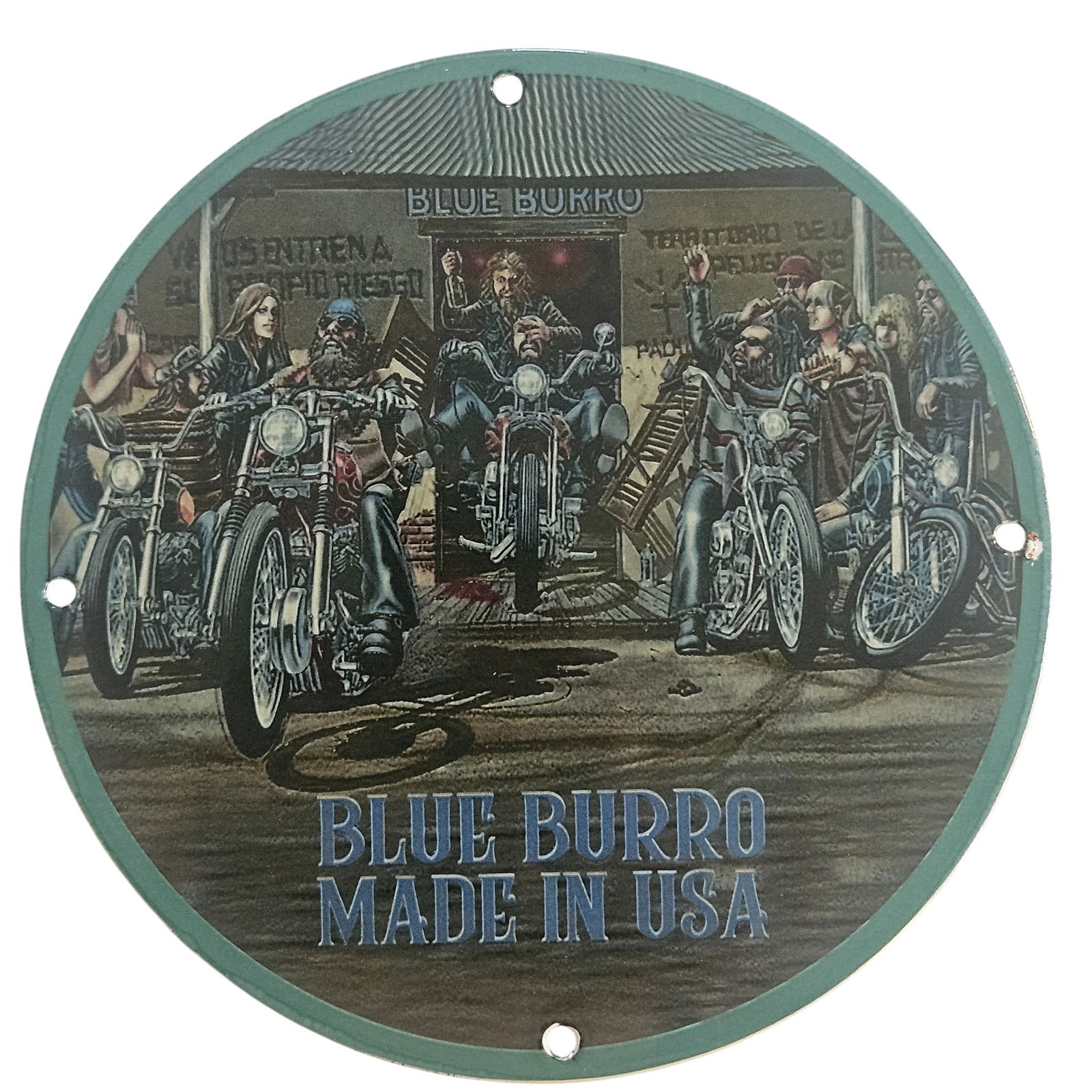 David Mann Inspired Porcelain Sign - Blue Burro Motorcycle Collectible - 8" Diameter: Explore the thrilling world of motorcycle culture with this exquisite 8-inch diameter porcelain sign, inspired by the legendary artwork of David Mann. This unique collectible showcases a vibrant depic