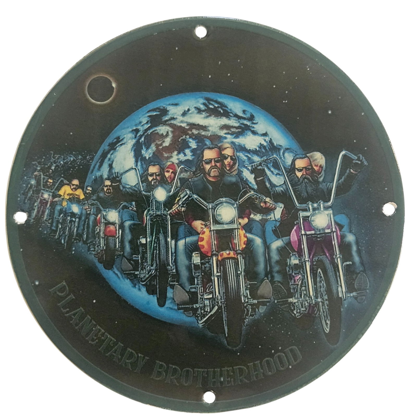 David Mann Inspired Porcelain Motorcycle Collectible Sign - Planetary Brotherhood 8": Discover the allure of the open road with this striking David Mann-inspired porcelain sign, featuring an intricate design perfect for any motorcycle enthusiast. Measuring 8 inches in diameter, this co