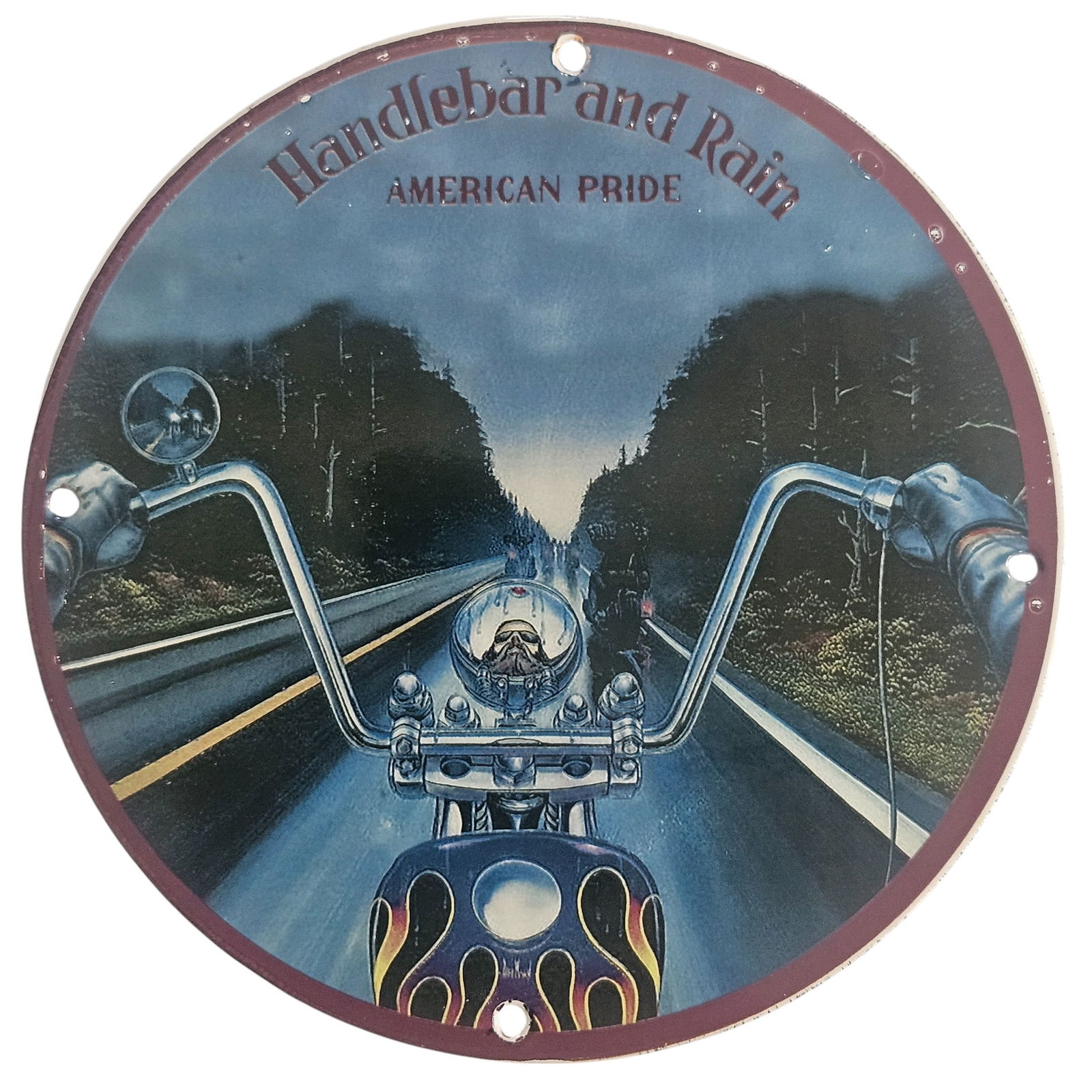 David Mann Inspired Motorcycle Porcelain Sign: Handlebar and Rain - American Pride: Looking for the perfect addition to your motorcycle memorabilia collection? This stunning 8-inch diameter porcelain sign, inspired by the legendary artist David Mann, showcases a captivating motorcycl