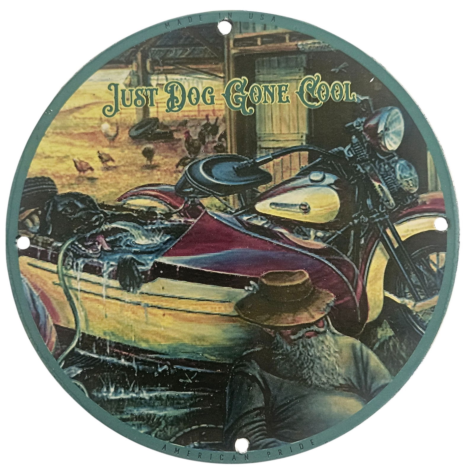 David Mann Inspired Porcelain Sign - Just Dog Gone Cool - Motorcycle Artwork Collectible: Introducing a stunning addition for motorcycle enthusiasts and art collectors alike: the exquisite porcelain sign inspired by the iconic artwork of David Mann. Measuring 8 inches in diameter, this nos