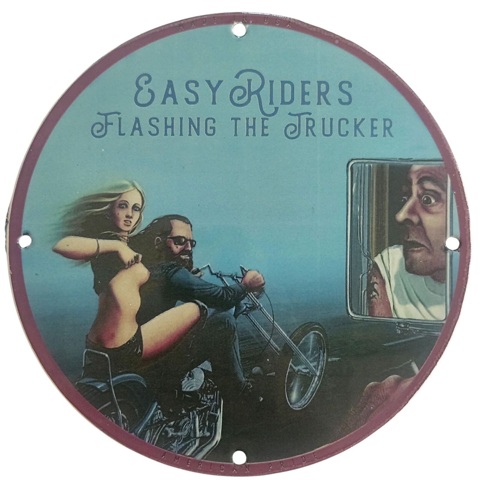 David Mann Inspired Porcelain Motorcycle Sign: Easy Riders - Flashing the Trucker: Explore the bold and captivating world of motorcycle culture with this stunning 8-inch diameter porcelain sign featuring artwork by the legendary David Mann. Known for his iconic illustrations that ce