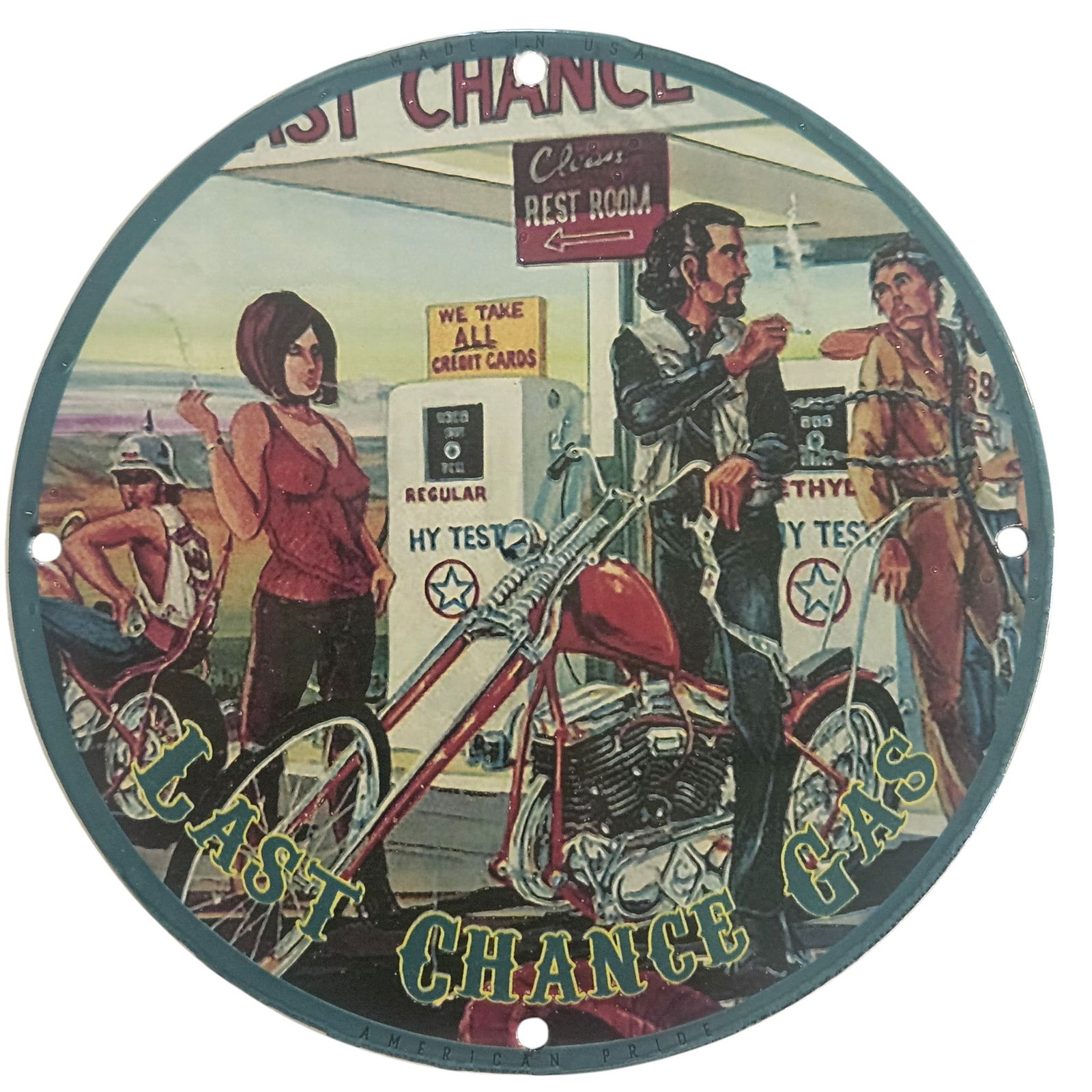 David Mann Inspired Motorcycle Collectible: 'Last Chance Gas' Porcelain Sign (8" Diameter): Elevate your collection with this stunning porcelain sign inspired by the legendary artist David Mann. Measuring 8 inches in diameter, this collectible piece of road artwork captures the essence of cl