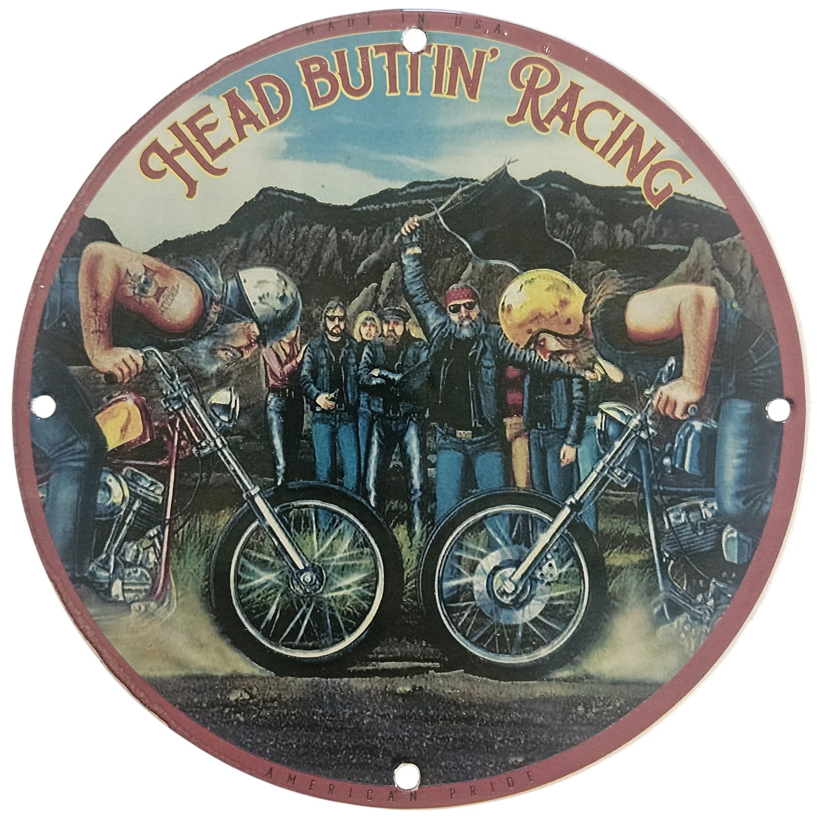 David Mann Inspired Motorcycle Porcelain Sign - Head Butt'in Racing - 8" Collectible Art: Discover the intricate world of motorcycle culture with this stunning porcelain sign, measuring 8 inches in diameter, inspired by the legendary artist David Mann. This collector's item showcases a vib
