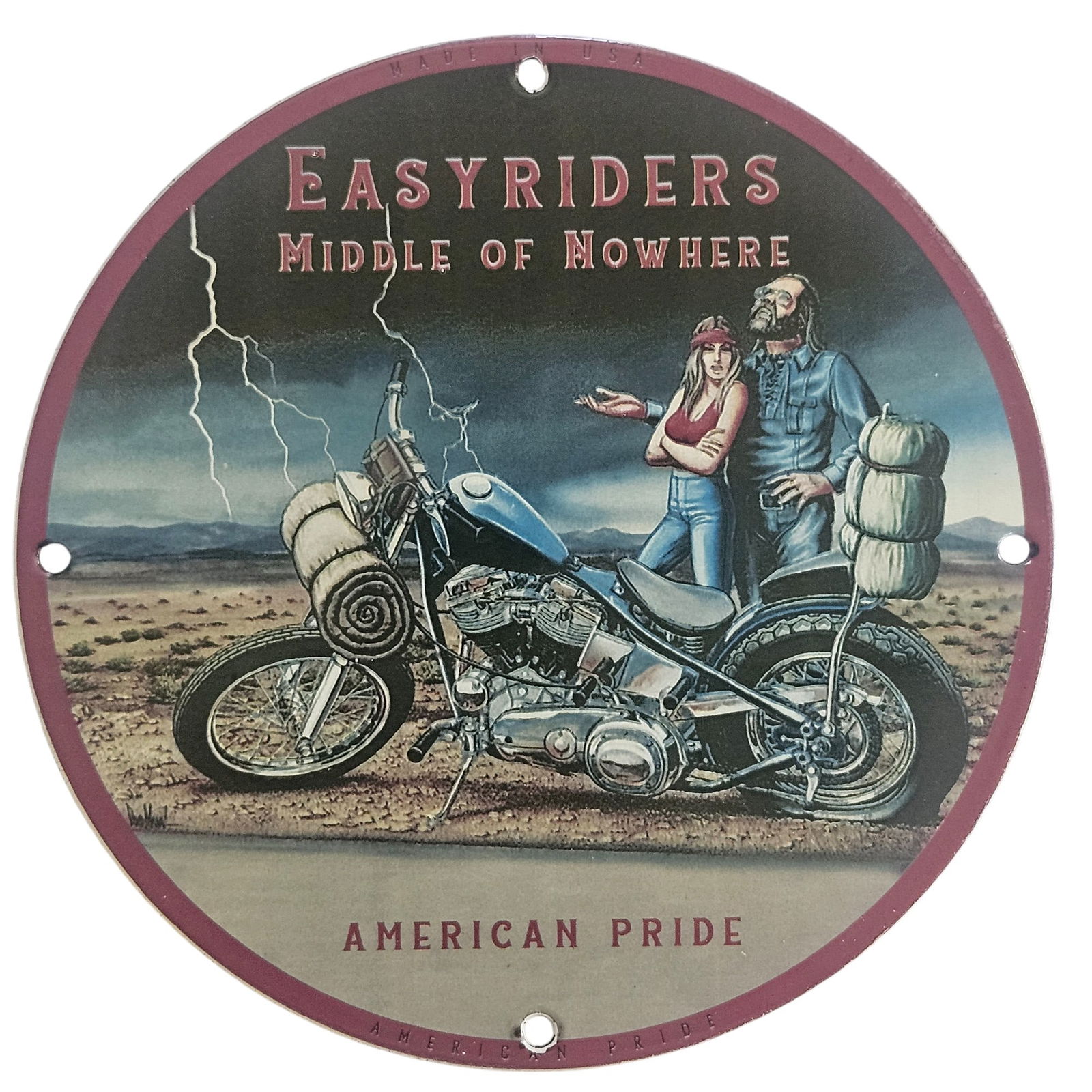 David Mann Inspired Porcelain Sign: Easyriders Mid of Nowhere Motorcycle Artwork: Experience the artistry and nostalgia of motorcycle culture with this stunning 8-inch diameter porcelain sign, inspired by renowned artist David Mann. A tribute to the free-spirited lifestyle and the