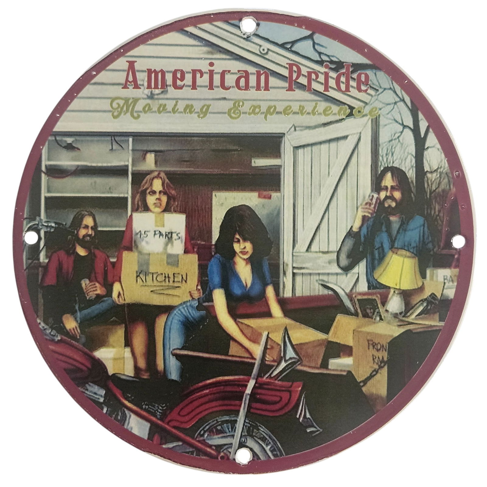 American Pride Motorcycle Collectible Porcelain Sign - David Mann Inspired Art: This exquisite collectible porcelain sign, measuring 8 inches in diameter, is a stunning tribute to the remarkable artistry of David Mann. Renowned for his vibrant depictions of motorcycle culture, Ma
