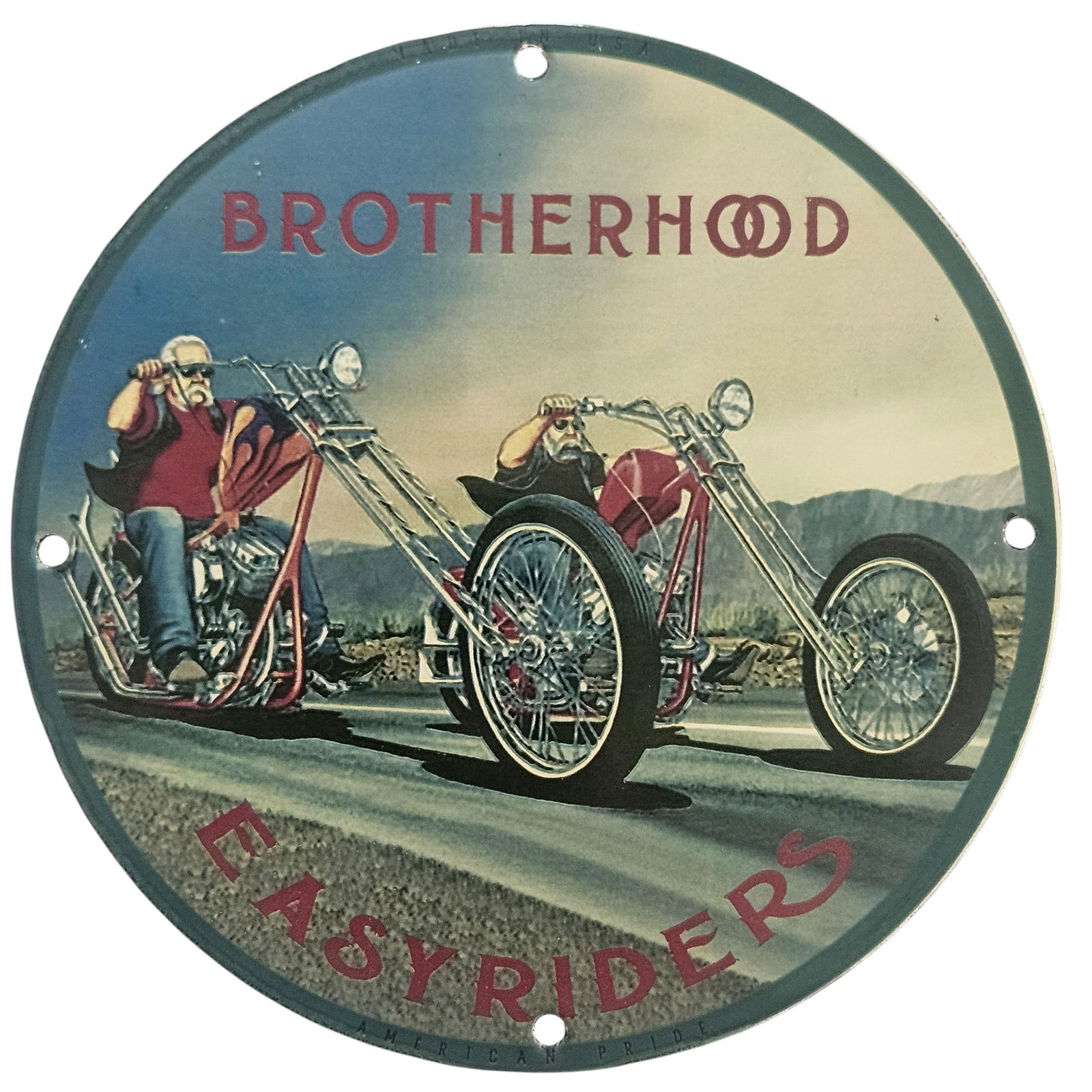 David Mann Inspired Porcelain Motorcycle Signs - Brotherhood Easyriders Art (8 in): Embrace the essence of motorcycle culture with this stunning collectible porcelain sign inspired by the artwork of David Mann. Measuring 8 inches in diameter, this unique piece showcases the bold and