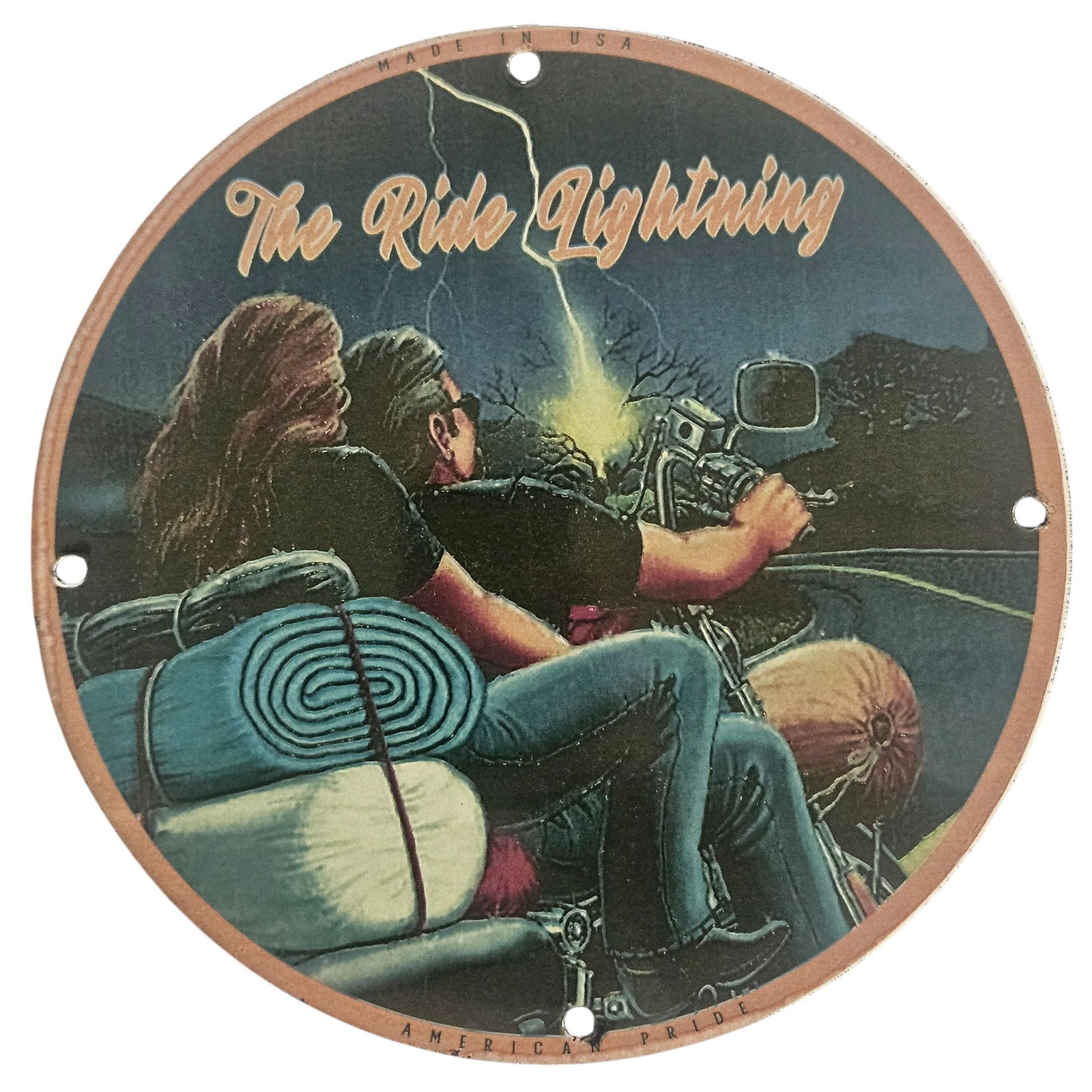 Vintage David Mann Inspired Motorcycle Porcelain Sign - The Ride Lightning - 8" Collectible: Experience the thrill of the open road with this stunning porcelain sign titled 'The Ride Lightning,' inspired by the iconic artwork of David Mann. Measuring 8 inches in diameter, this collectible sig