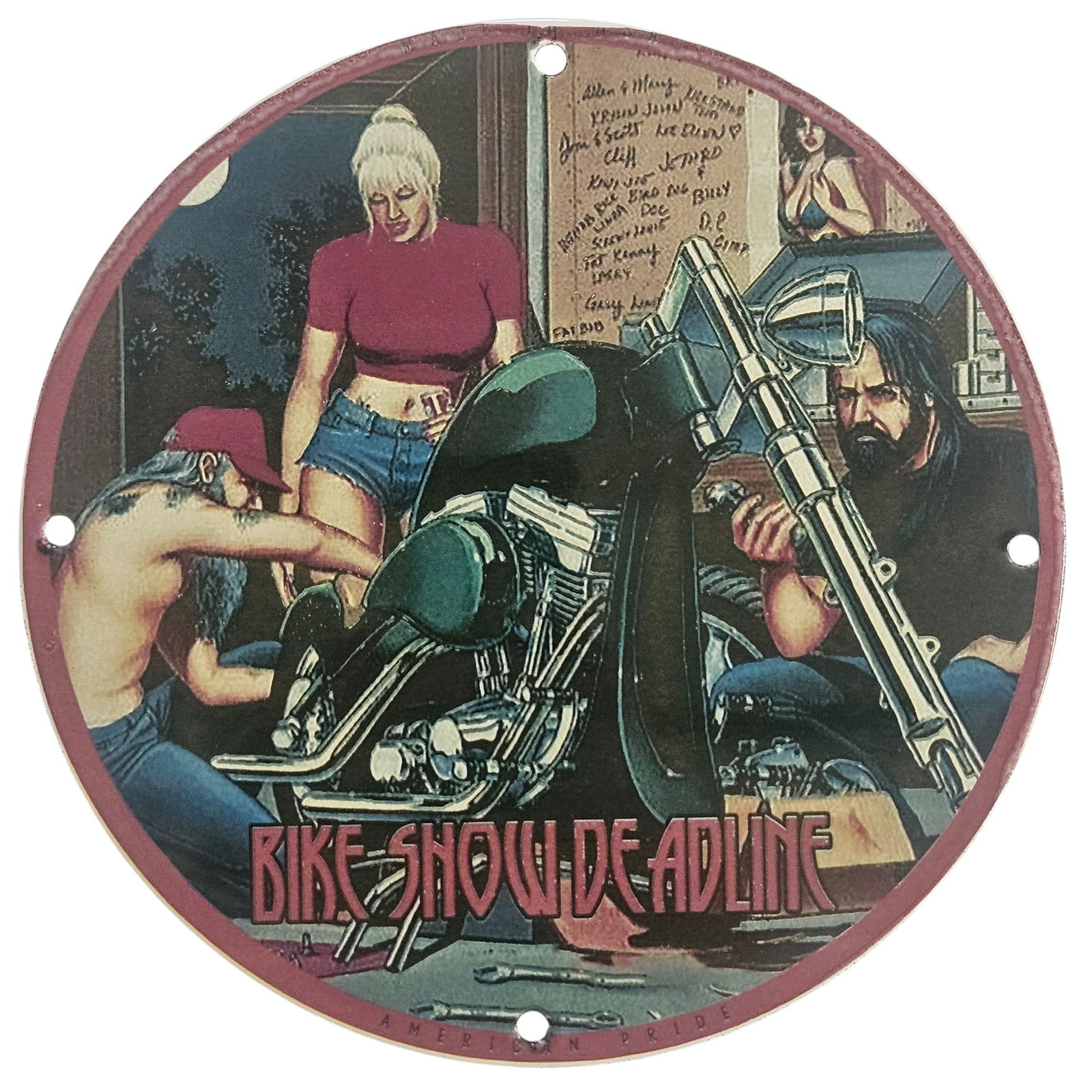 David Mann Inspired Motorcycle Collectible Porcelain Sign - 8" Diameter Road Artwork: Discover the unique allure of this David Mann inspired motorcycle collectible porcelain sign, measuring 8 inches in diameter. A perfect piece for motorcycle enthusiasts, this sign captures the spirit