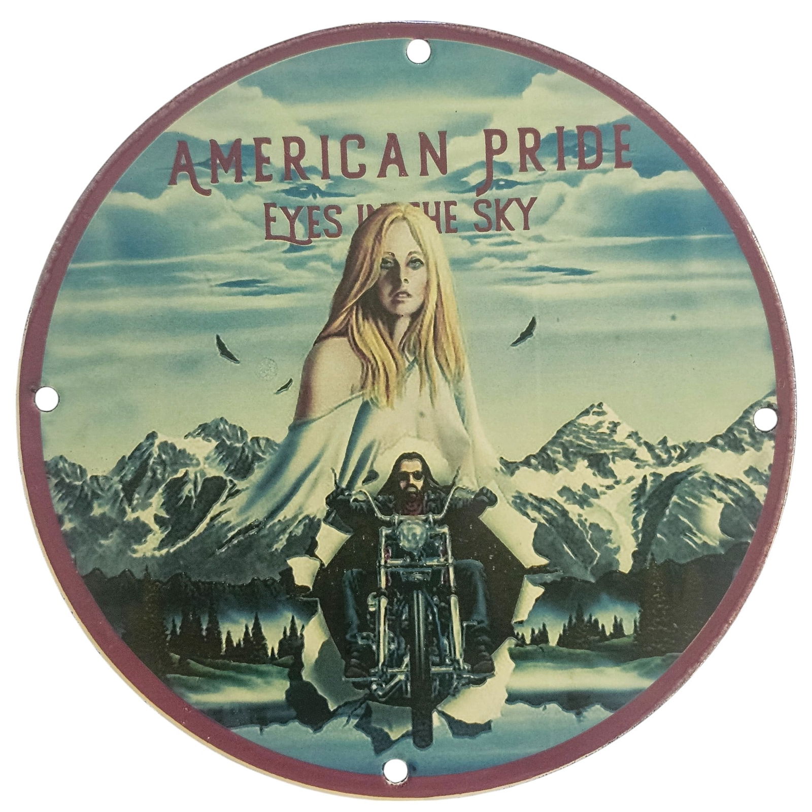 Stunning David Mann Inspired 8" Porcelain Motorcycle Sign - American Pride Artwork: Discover a true gem for motorcycle enthusiasts and collectors alike with this exquisite 8-inch diameter porcelain sign inspired by the legendary artwork of David Mann. This collectible sign captures t