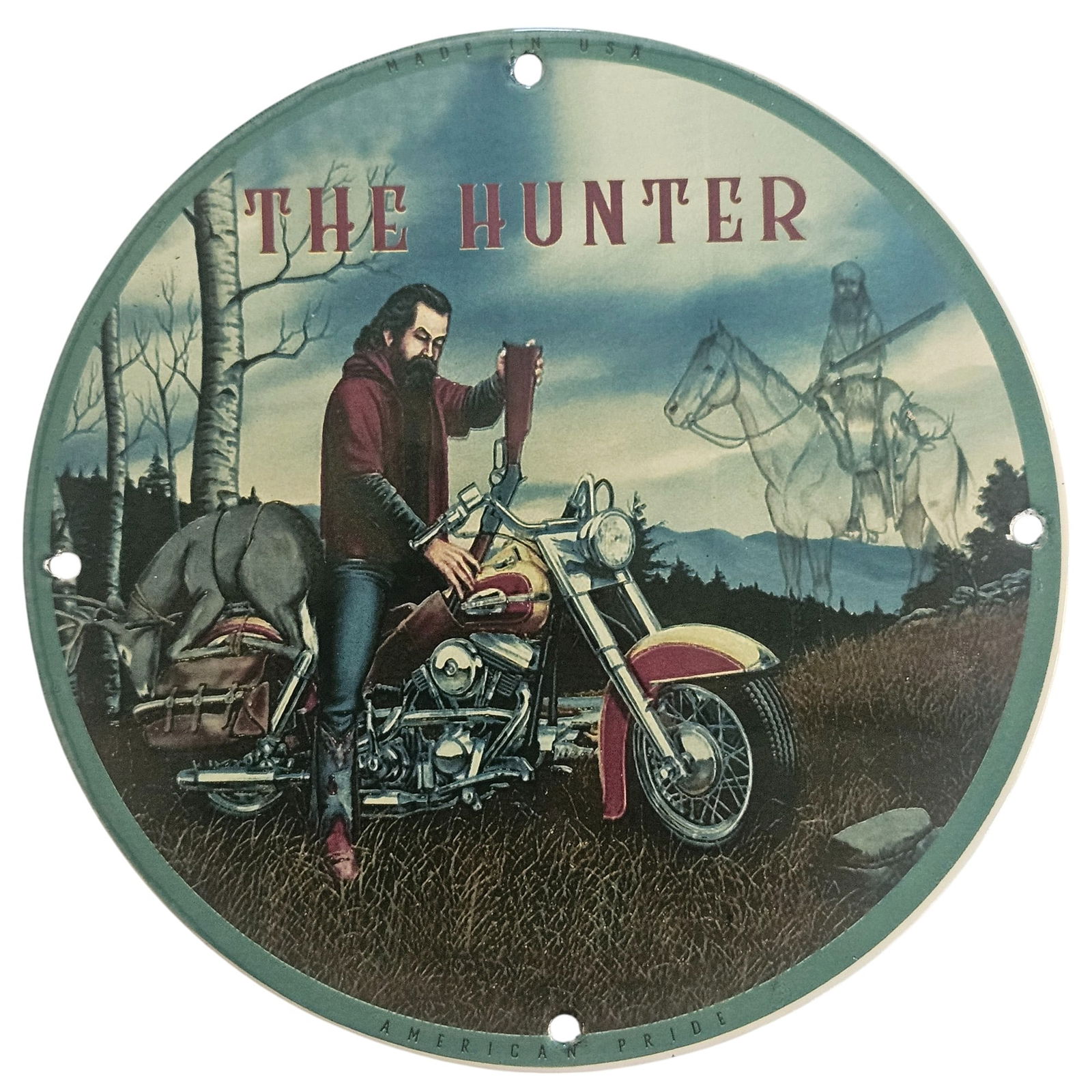 David Mann Inspired Motorcycle Collectible Porcelain Sign: The Hunter (8" Diameter): Discover the rugged spirit of the open road with this striking David Mann inspired collectible porcelain sign, "The Hunter." Measuring 8 inches in diameter, this exquisite piece of road artwork showca