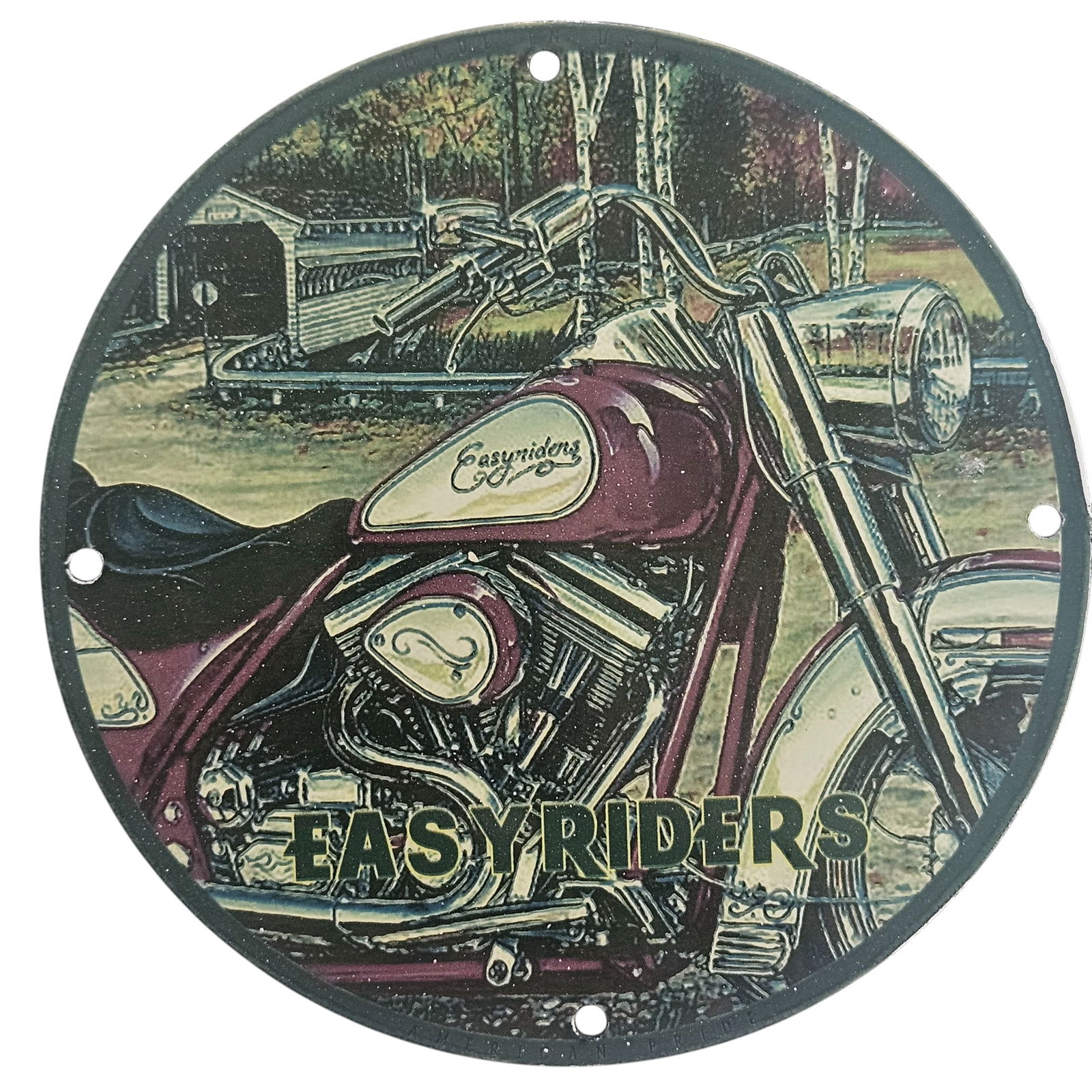 Collectible 8-Inch David Mann Inspired Porcelain Sign - Easy Riders Motorcycle Art: This 8-inch round porcelain sign showcases a powerful, close-up view of a classic chopper-style motorcycle finished in deep maroon with chrome detailing and the unmistakable Easyriders logo emblazoned
