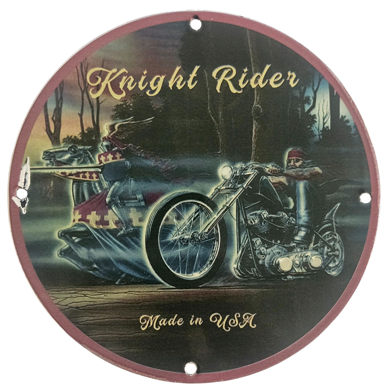 Collectible David Mann Inspired Porcelain Sign: Knight Rider Motorcycle Artwork: Elevate your motorcycle and art collection with this stunning porcelain sign inspired by the iconic works of David Mann. Measuring 8 inches in diameter, this collectible piece features the legendary '