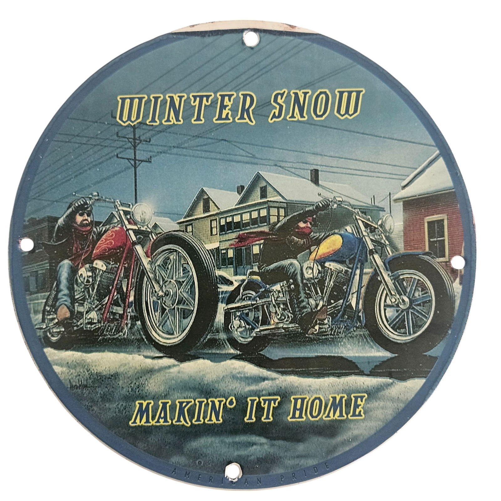 Vintage David Mann Inspired Motorcycle Porcelain Sign: Winter Snow Collection: Dive into the world of classic motorcycle culture with this stunning porcelain sign inspired by the renowned David Mann. This exquisite piece measures 8 inches in diameter and features an intricate an