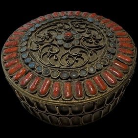 Old TIBETAN Brass Turquoise & Coral Inlaid JEWELRY BOX