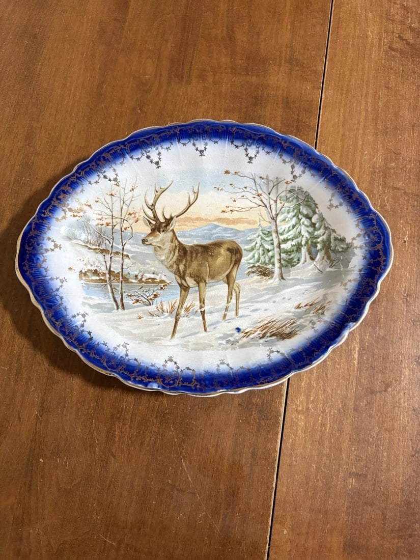 Flow Blue Stag Platter: It measures 11 1/2” x 9” and dates around the late 1800’s. It has no chips, cracks or repairs Shipping: Domestic: Flat-rate of $15.00 to anywhere within the contiguous U.S. Internati