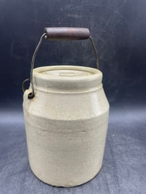 Antique Stoneware Pottery Crock with Lid & Wood Bail Handle