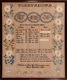 FAMILY RECORD SAMPLER FROM PELHAM, NH DATED 1820