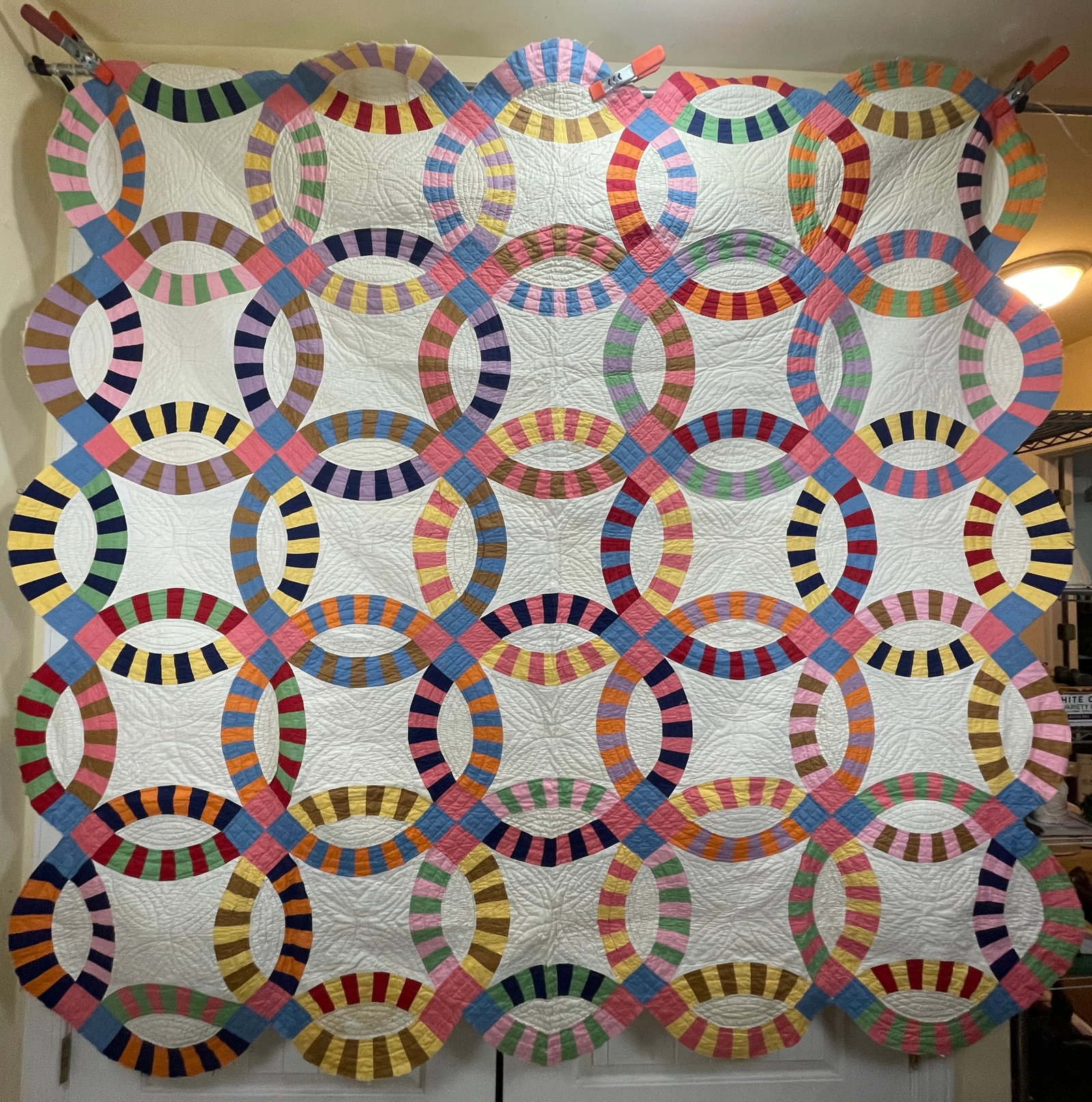 Weddng Ring Quilt 86 x 86: Title: Weddng Ring Quilt 86 x 86 Date/Period: unknown Dimension: Approx. 86 x 86 Material: fabric Additional Information: Weddng Ring Quilt 86 x 86 Shipping: Domestic: Flat-rate of $22.00 to anywhere 