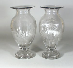 British Engraved Pair of Glass Vases, Circa 1865-75.