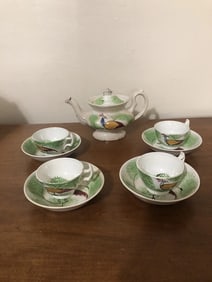 Green Spatterware Peafowl Childs Teapot & 4 Cups & Saucers