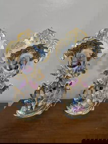 Rare Pr Paris Porcelain Portrait Vases W/ Attached Figures